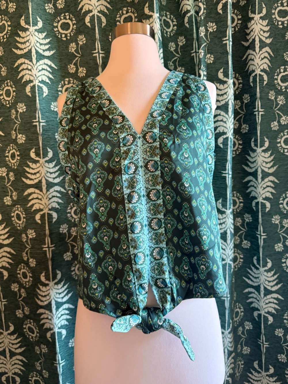 Loft Green Blue Paisley Floral Border Print Sleeveless Tie Waist Blouse Sz S NWT - Picture 5 of 6